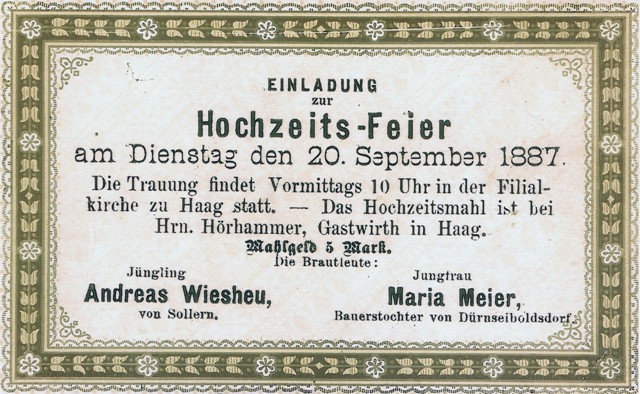 1887 einladungskarte hochzeit wiesheu